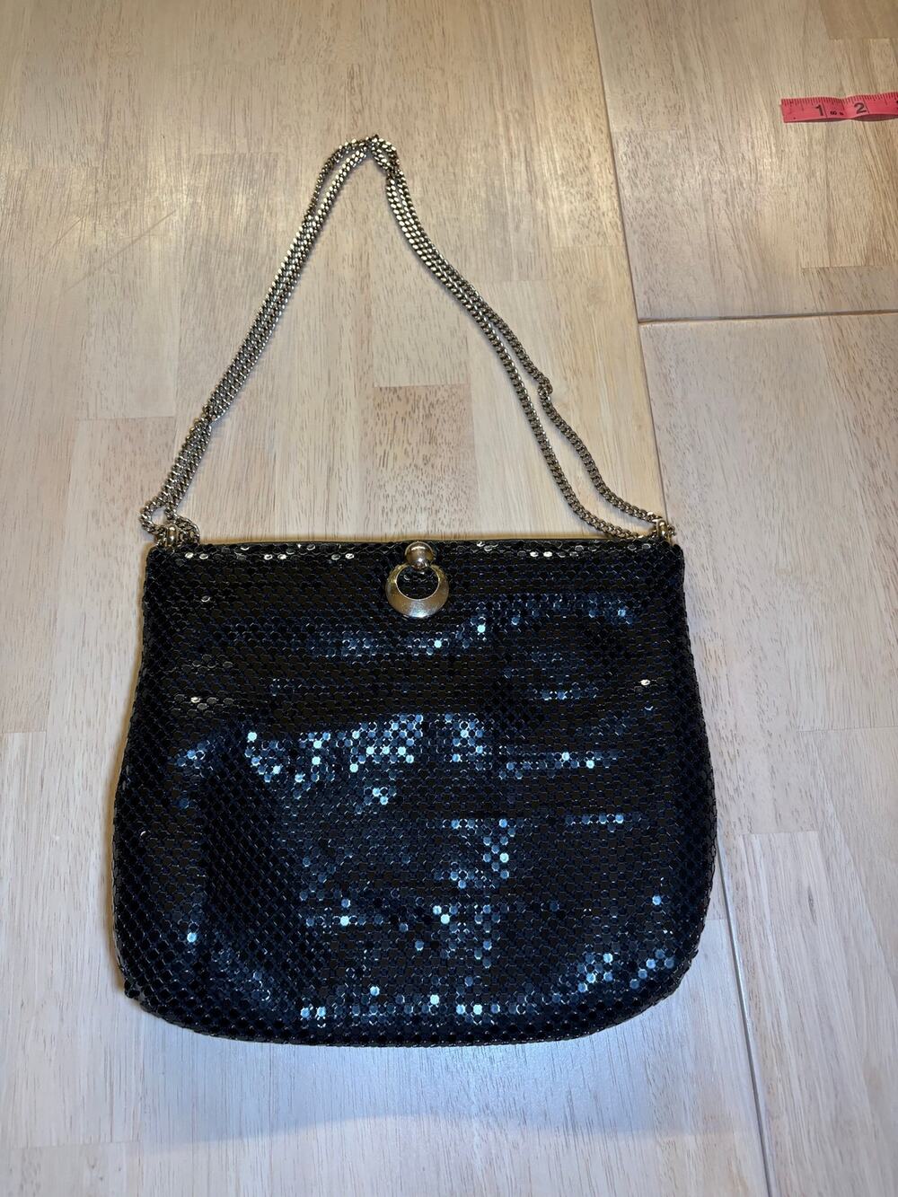 Vintage Whiting & Davis Black Metal Mesh Shoulder Bag Gold Ring Clasp Glam